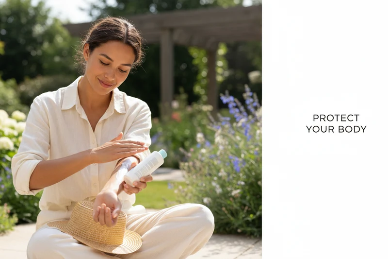 Woman applying sunscreen to her forearm outdoors in a garden setting
