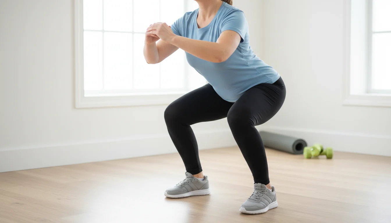 Woman demonstrating proper bodyweight squat form with knees tracking over toes
