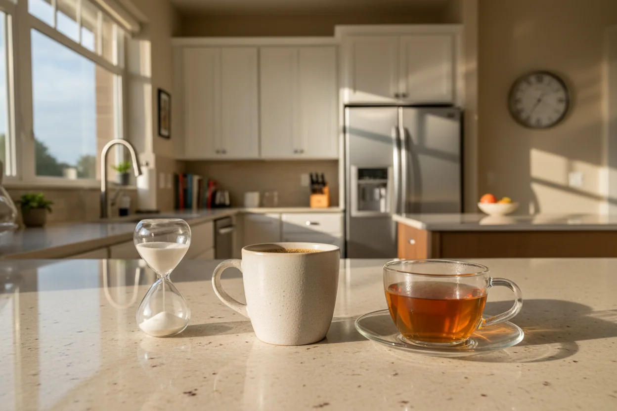 Cup of coffee and tea on a kitchen counter representing mindful caffeine timing
