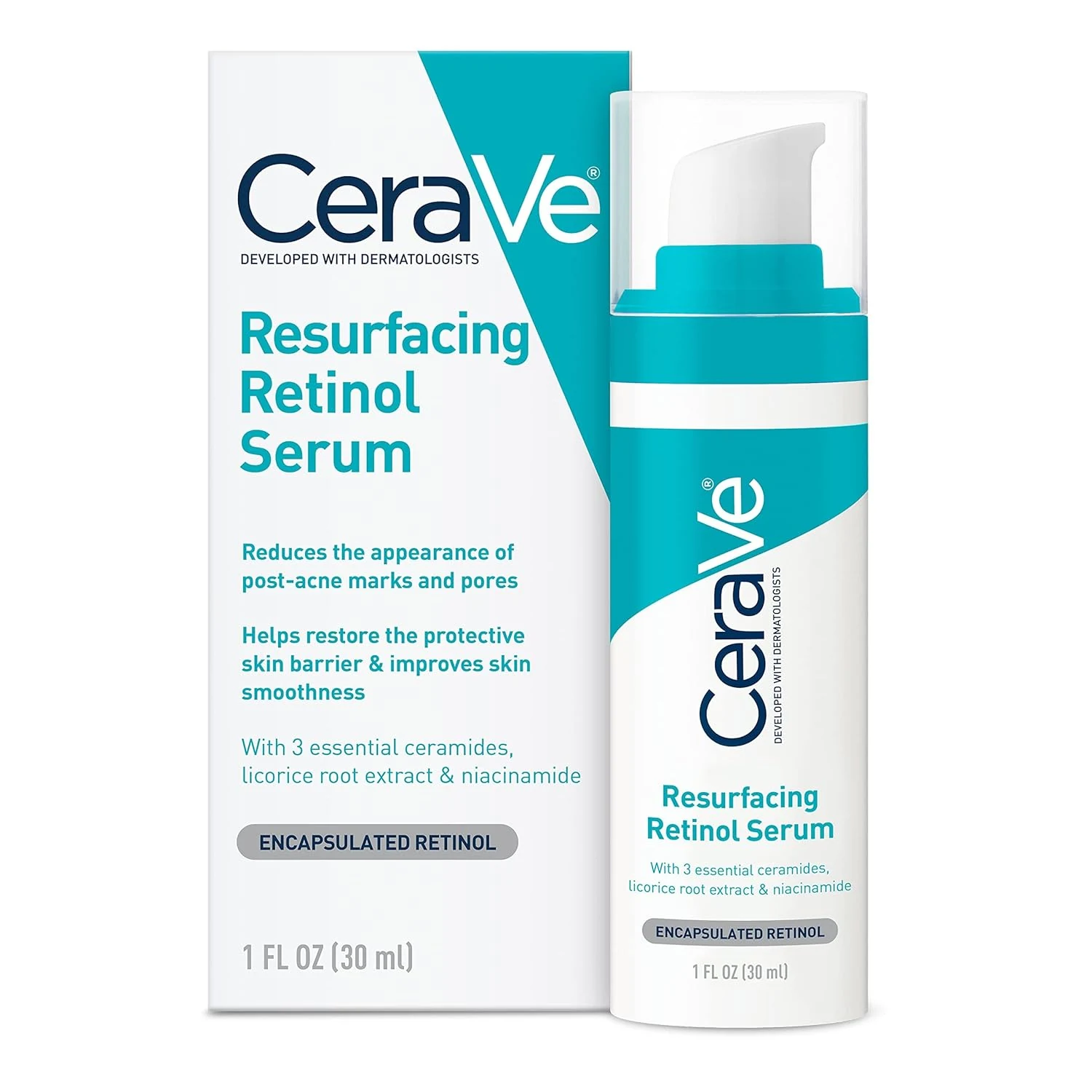 CeraVe Resurfacing Retinol Face Serum with Niacinamide box and pump bottle