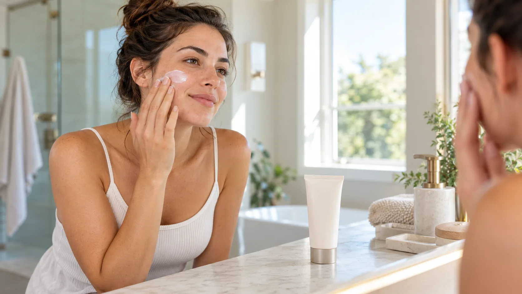 Woman checking how her skin feels after moisturizing