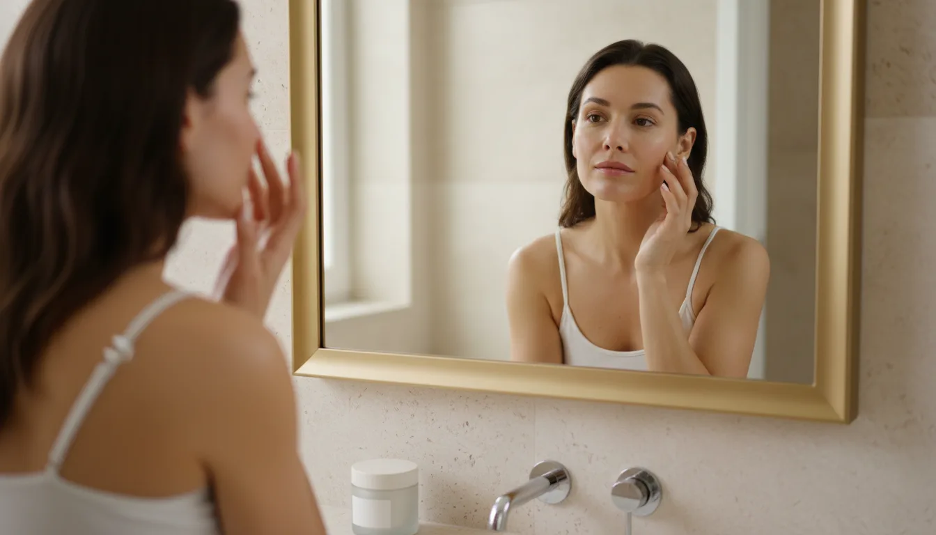 Woman checking how her skin feels after applying facial moisturizer