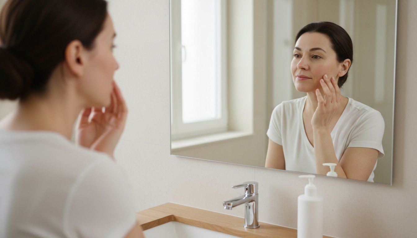 Woman checking how her skin feels after using a gentle facial cleanser
