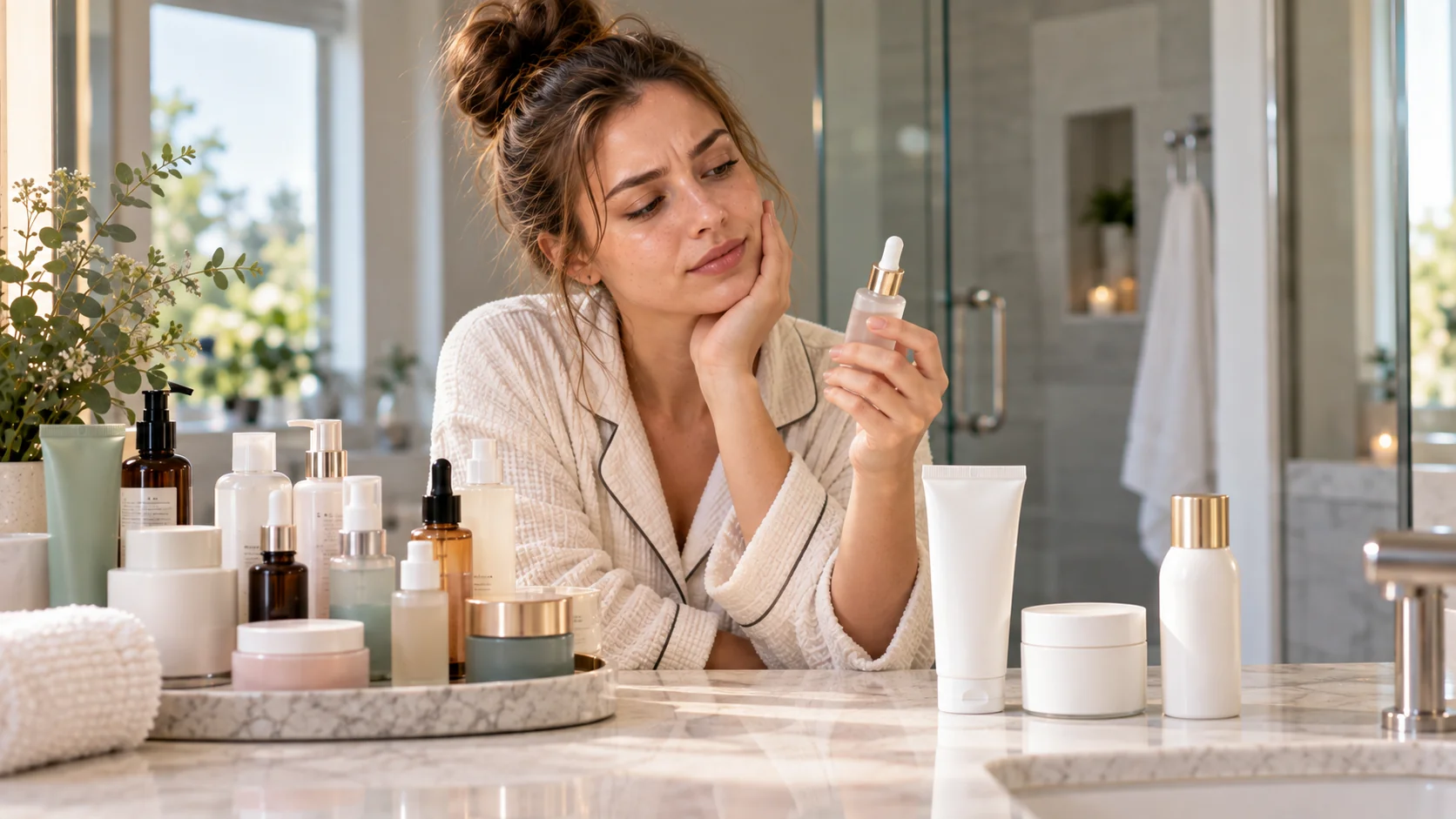 Woman reviewing a skincare product as she simplifies her daily routine