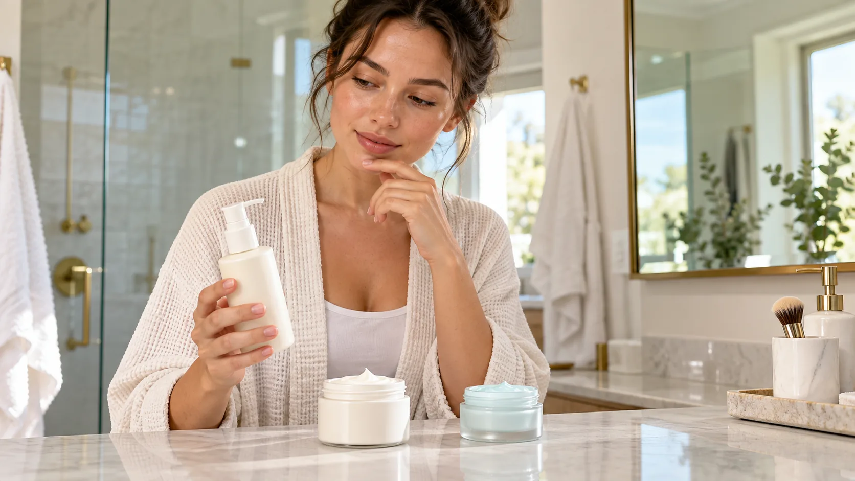Woman holding a moisturizer bottle while comparing two jars of different textures