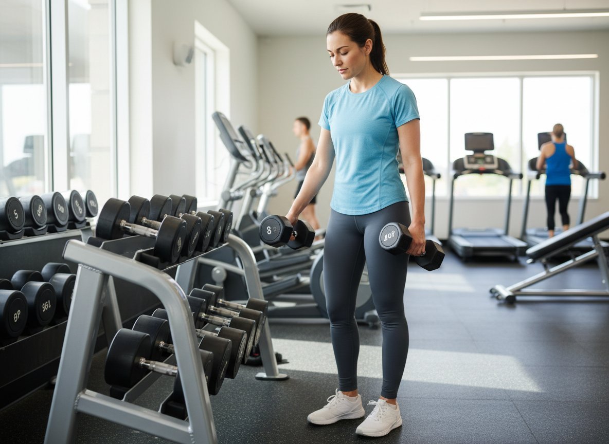 Woman selecting a pair of dumbbells from a rack to find an appropriate beginner weight