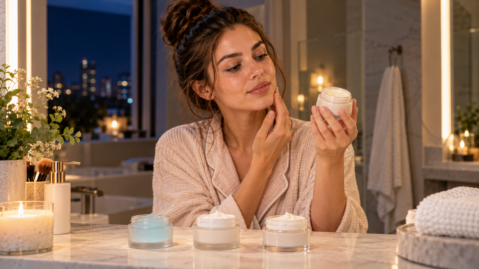 Nighttime moisturizer options arranged on a bathroom counter as part of a simple skincare routine
