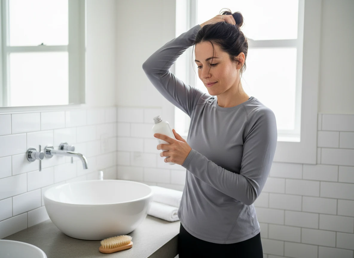 woman standing at a bathroom sink holding a hair product bottle, with a hairbrush nearby