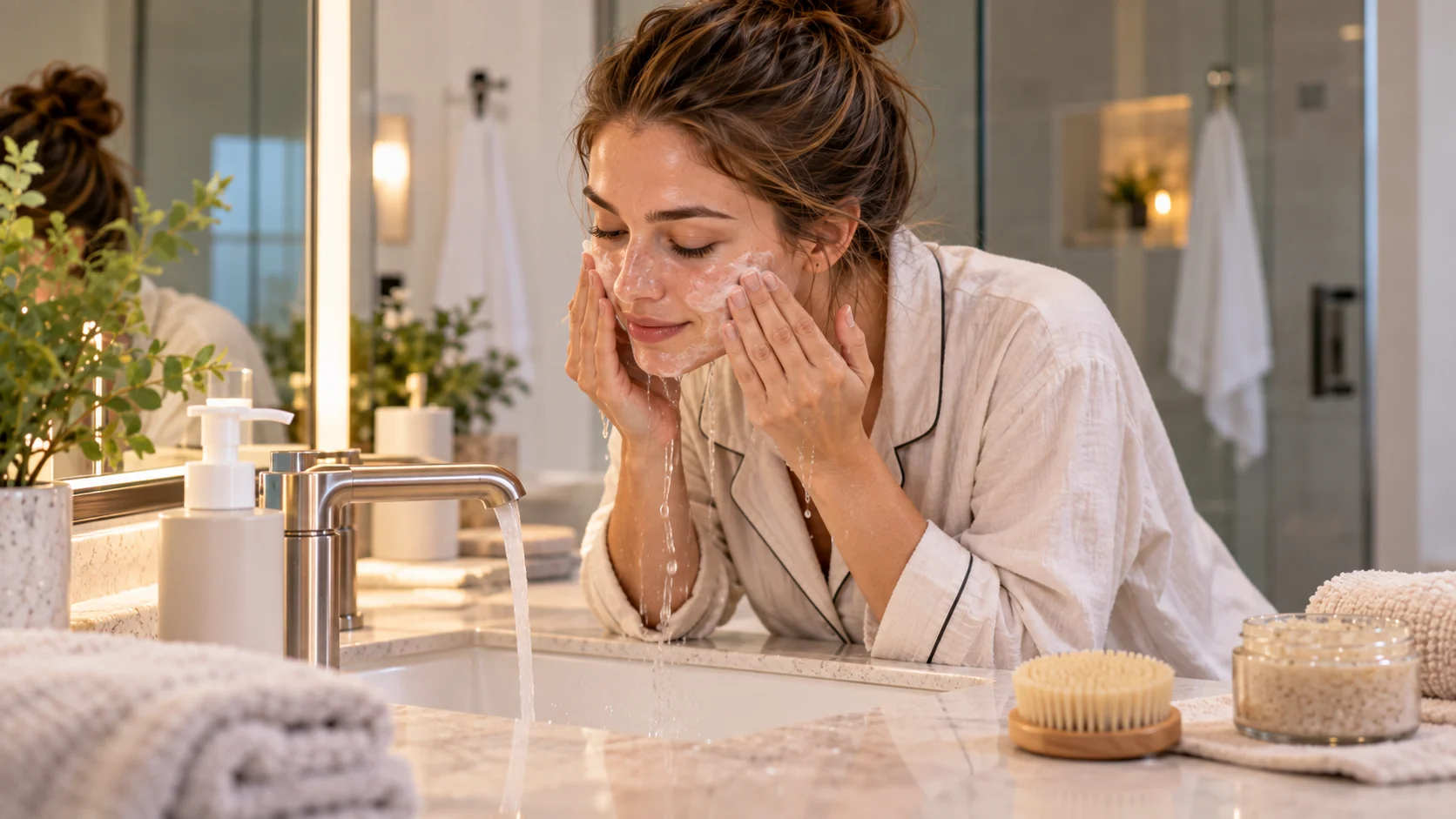 Woman gently cleansing her face without aggressive scrubbing