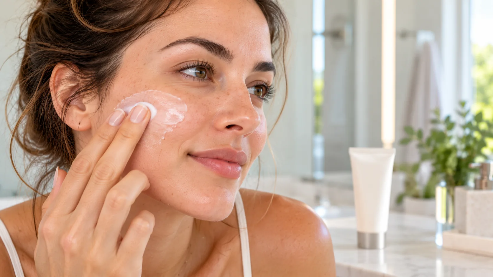 Close-up of a lightweight facial moisturizer being applied to the cheek