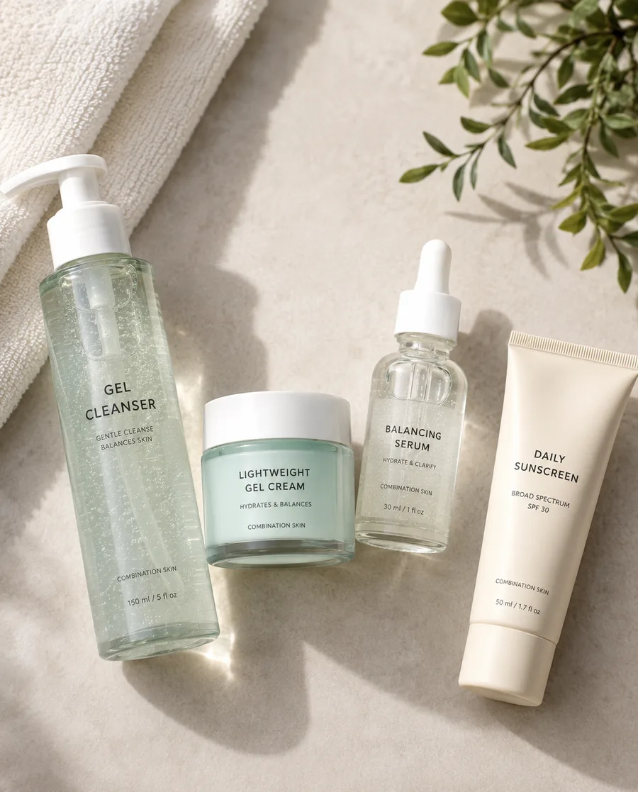 Gentle cleanser, lightweight moisturizer, serum, and sunscreen for a combination skin routine