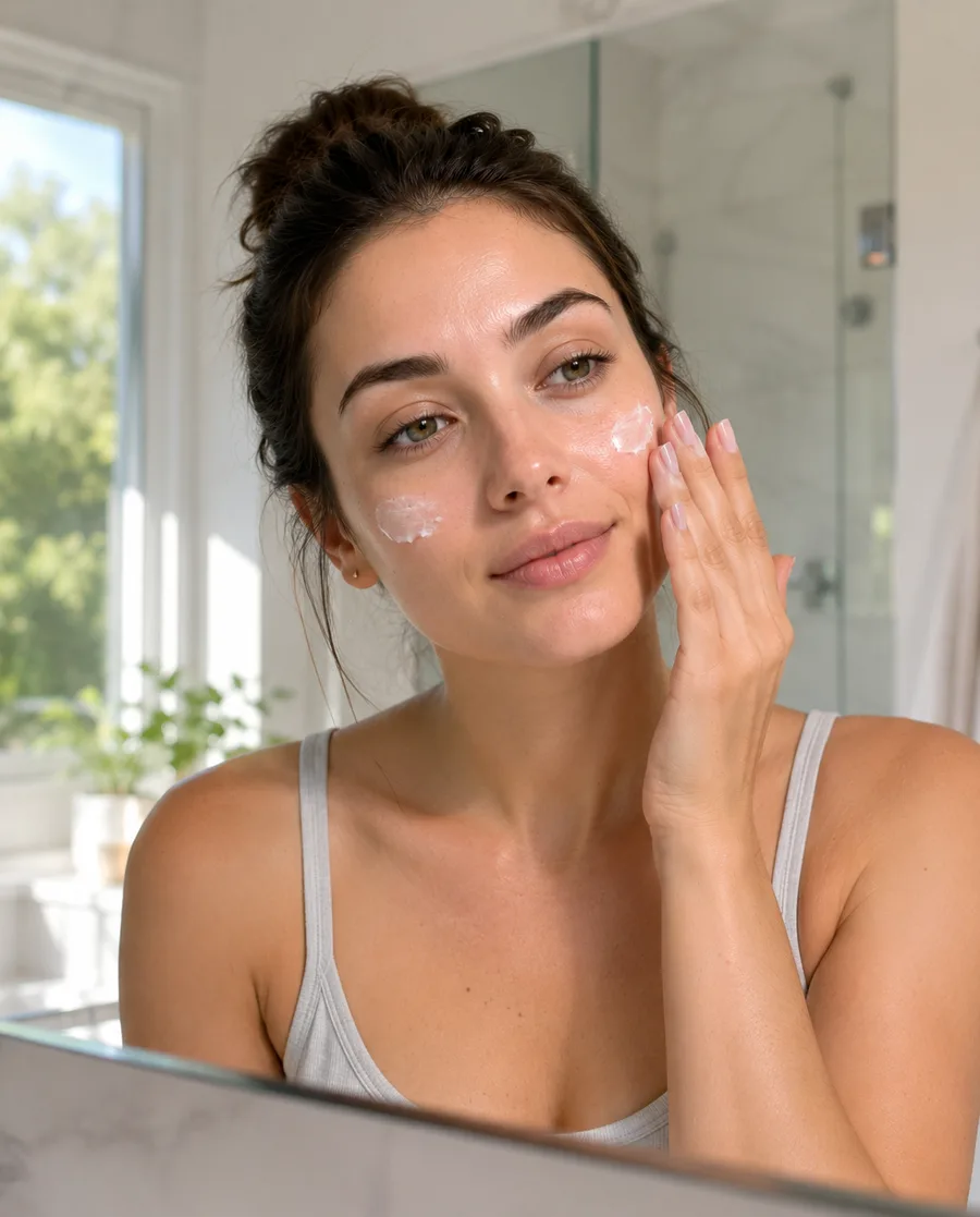 Woman applying lightweight moisturizer during her morning combination skin routine