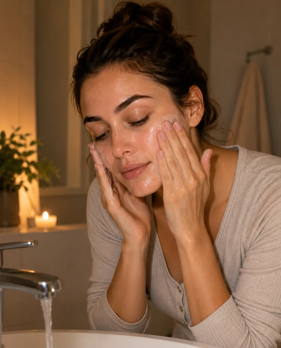 Woman cleansing her face as part of her nighttime combination skin routine