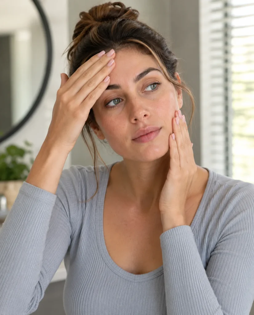 Woman applying a lightweight moisturizer to her face as part of a simple combination skin routine