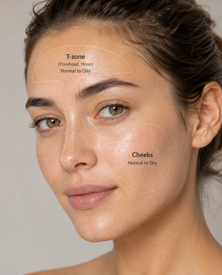 Close-up of a woman's face showing the T-zone and cheek areas relevant to combination skin