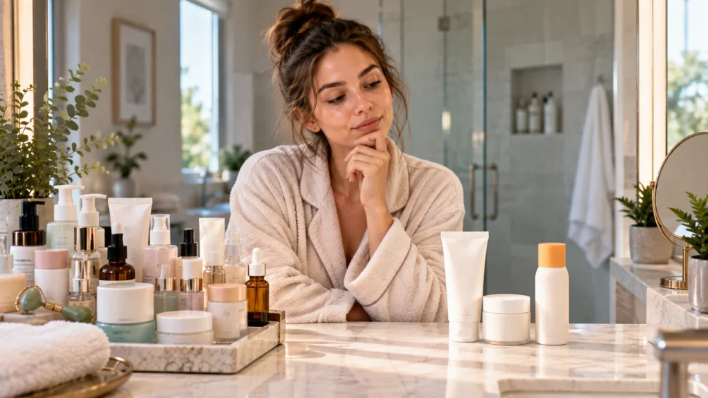 Woman reviewing the skincare products in her simple beginner routine
