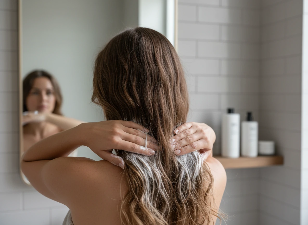 hands applying conditioner to the ends of long, wavy hair in front of a bathroom mirror