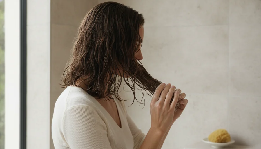 woman applying conditioner to the ends of her wet hair in the shower