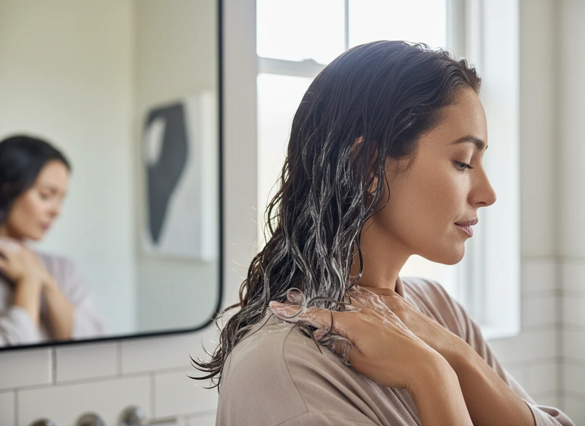 woman applying conditioner to the mid-lengths and ends of her hair near a window