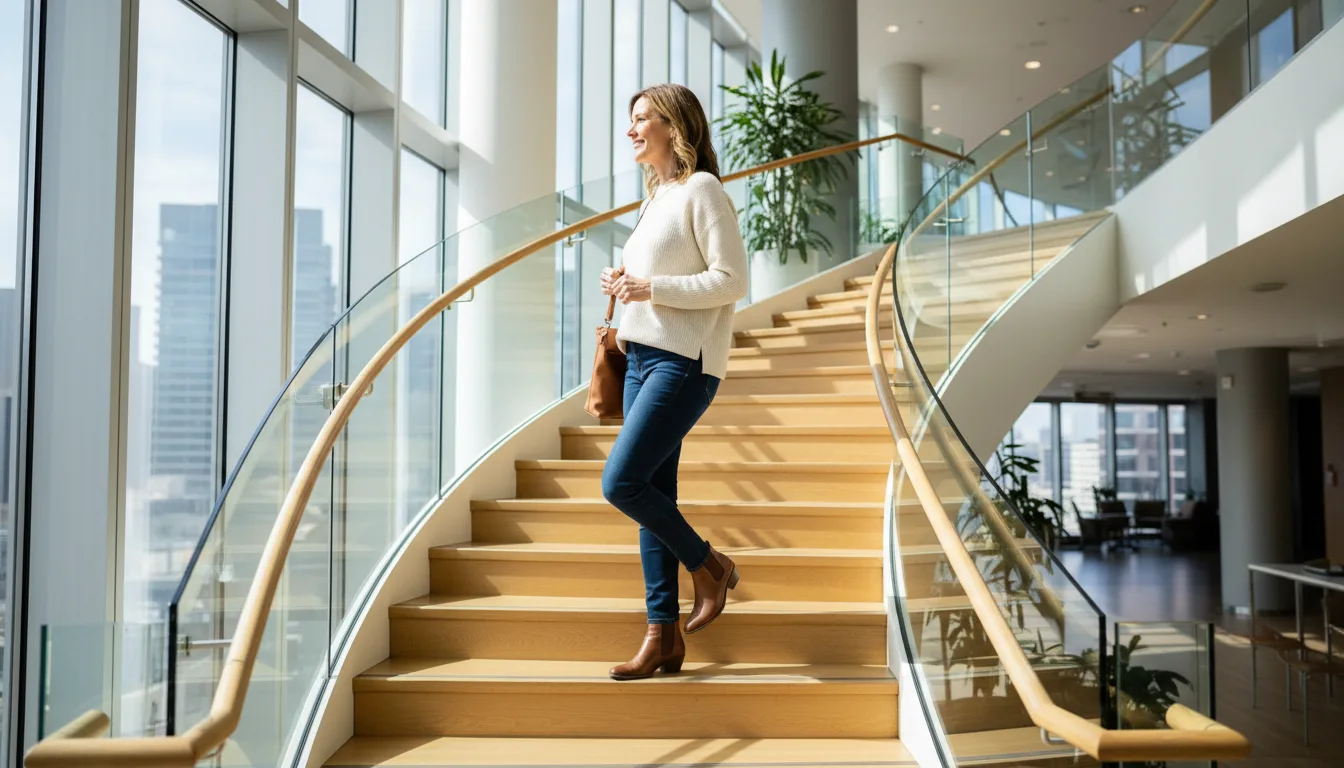 Adult taking the stairs as part of increasing daily movement for weight loss