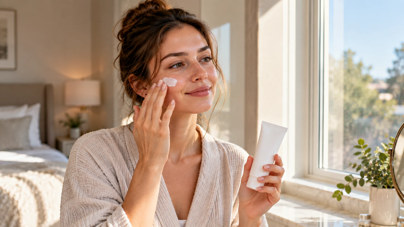 Woman applying daily sunscreen in the morning as part of a skincare routine that includes retinol