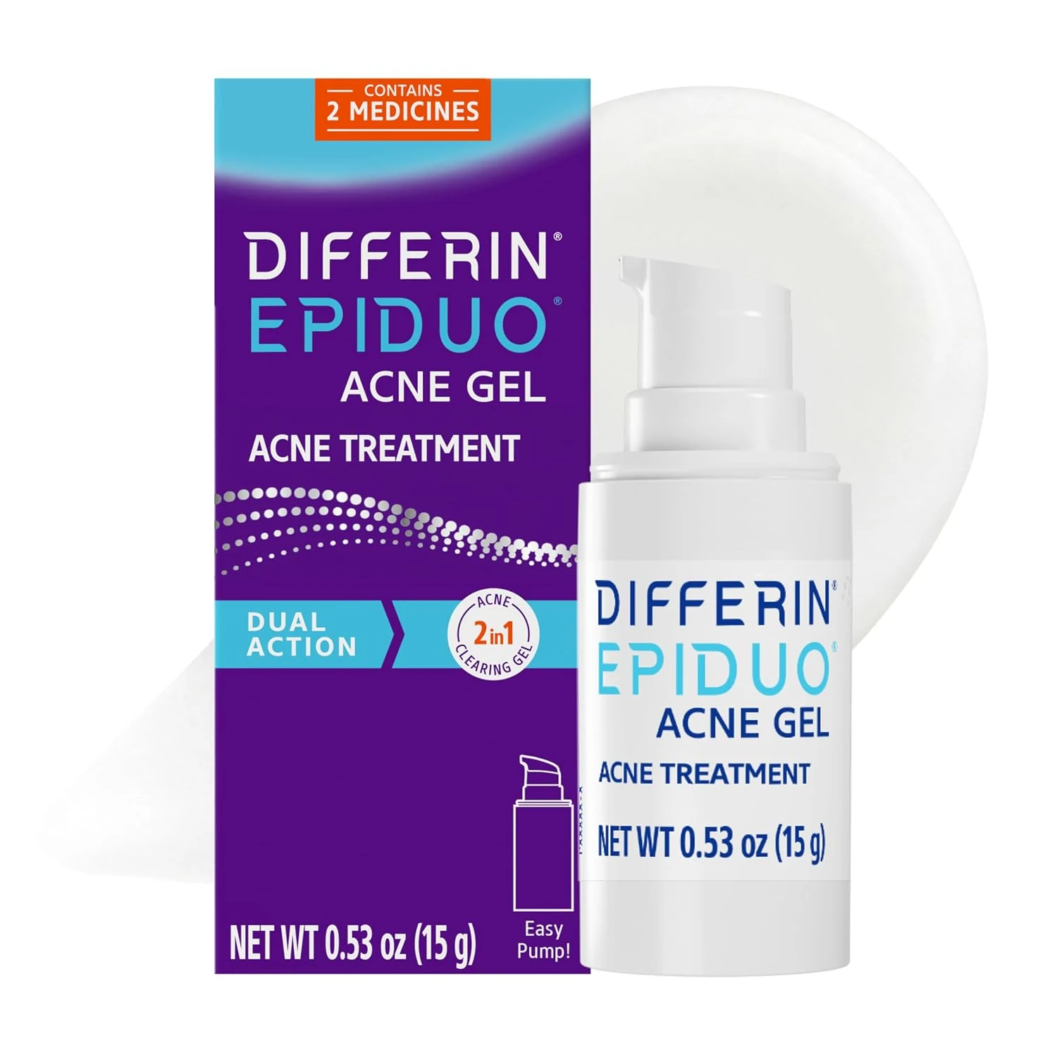 Differin Epiduo Acne Gel box and pump bottle, containing adapalene and benzoyl peroxide