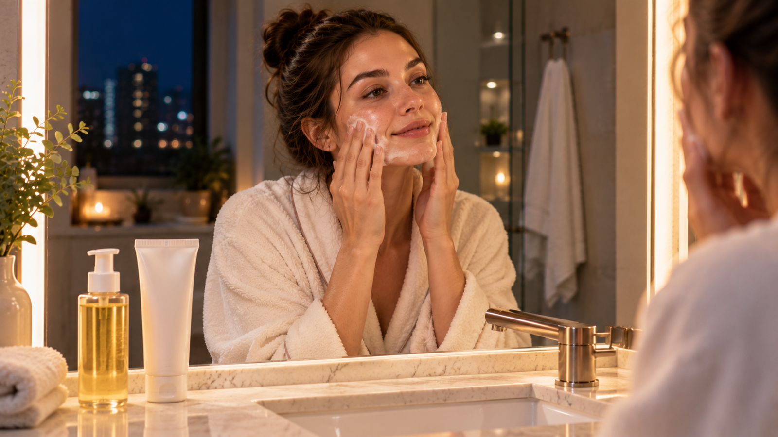 Woman using a gentle double cleansing routine at night