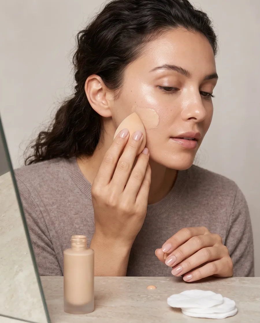 Woman applying dewy-finish foundation over moisturized, hydrated skin