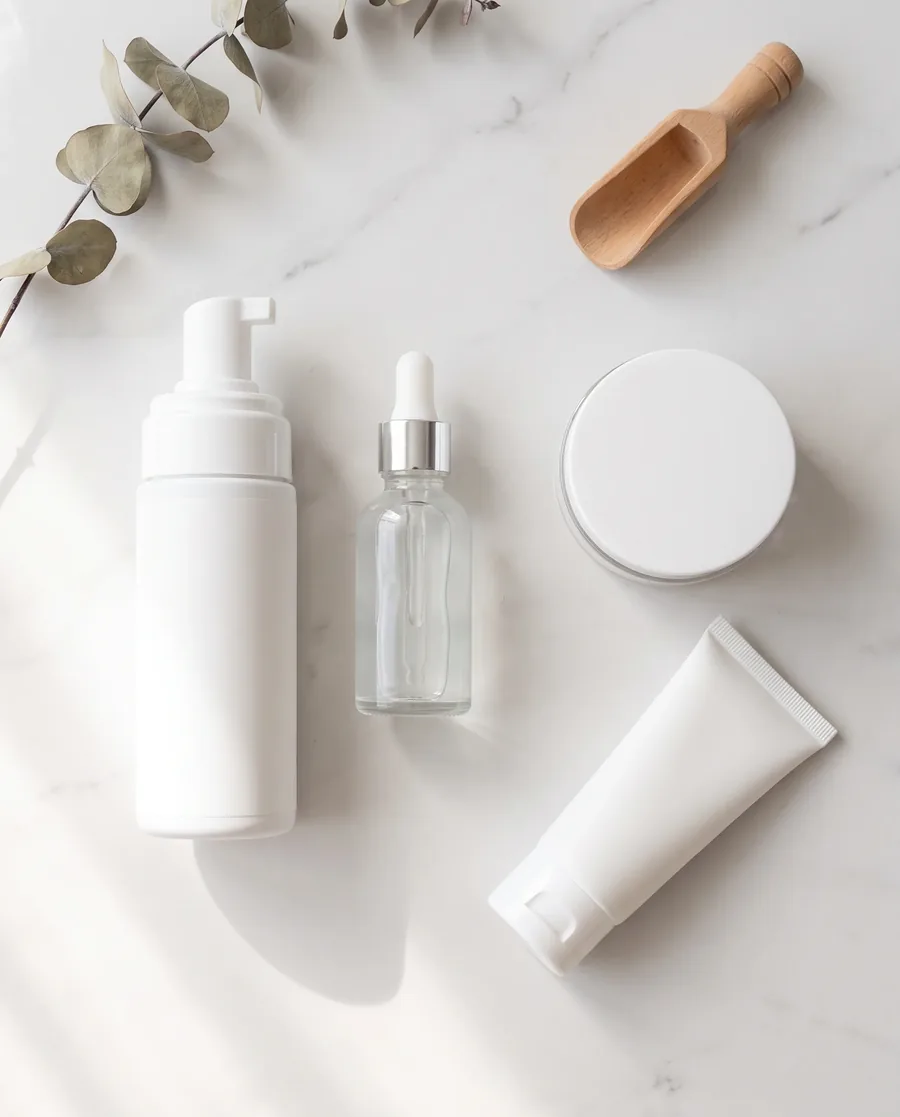 Gentle cleanser, hydrating serum, moisturizer, and sunscreen for a dry skin routine