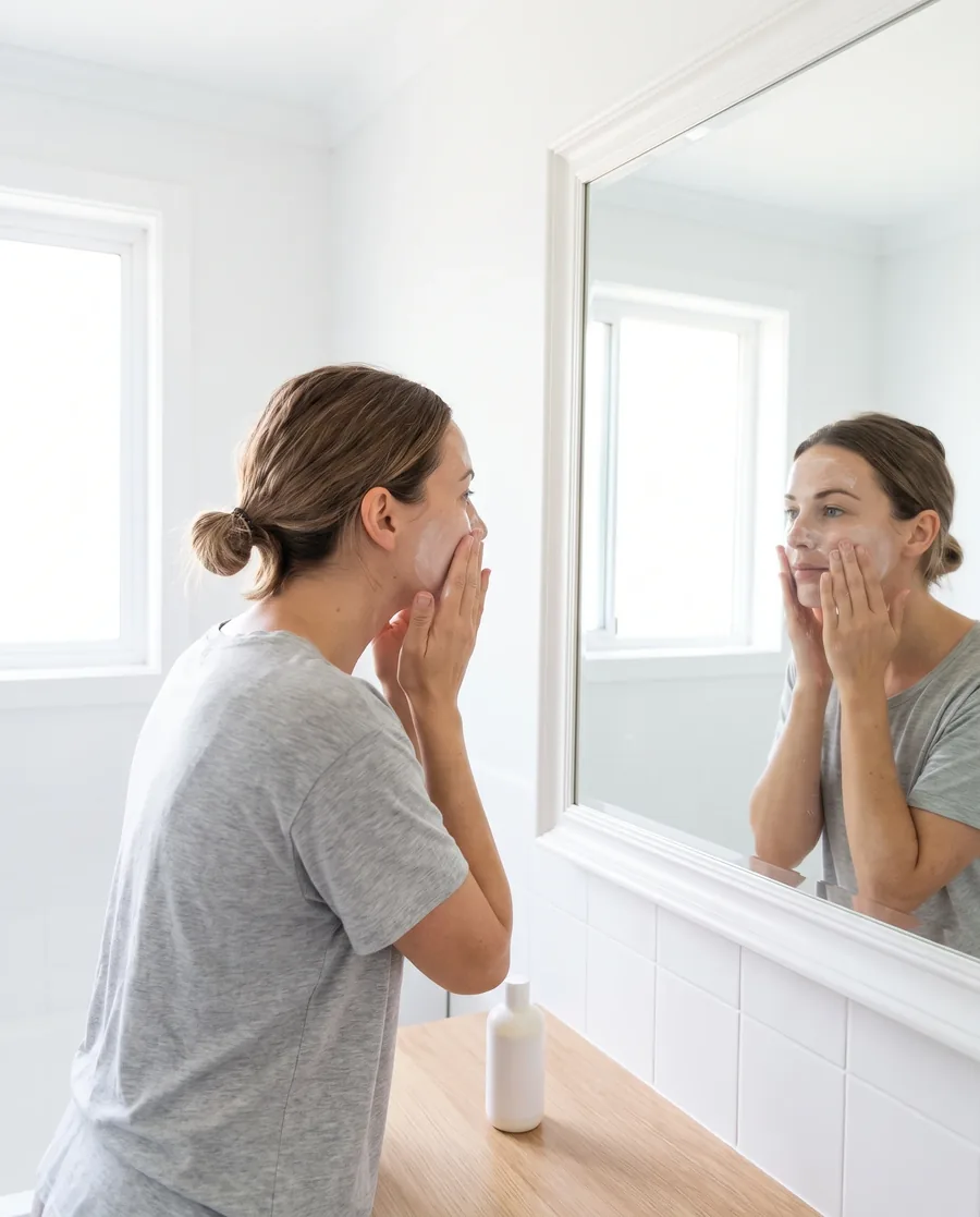 Woman applying sunscreen as the last step of her morning skincare routine