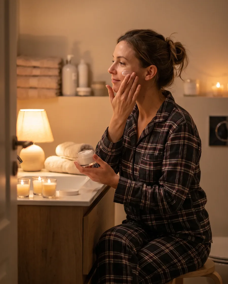 Woman applying moisturizer as part of her nighttime routine for dry skin