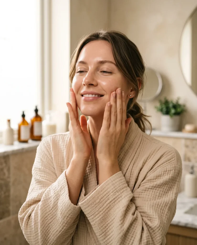 Woman gently touching her face during a simple dry skin skincare routine