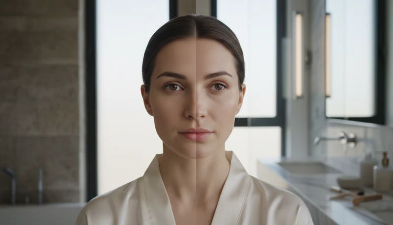 Split-face comparison illustrating dry skin versus dehydrated skin