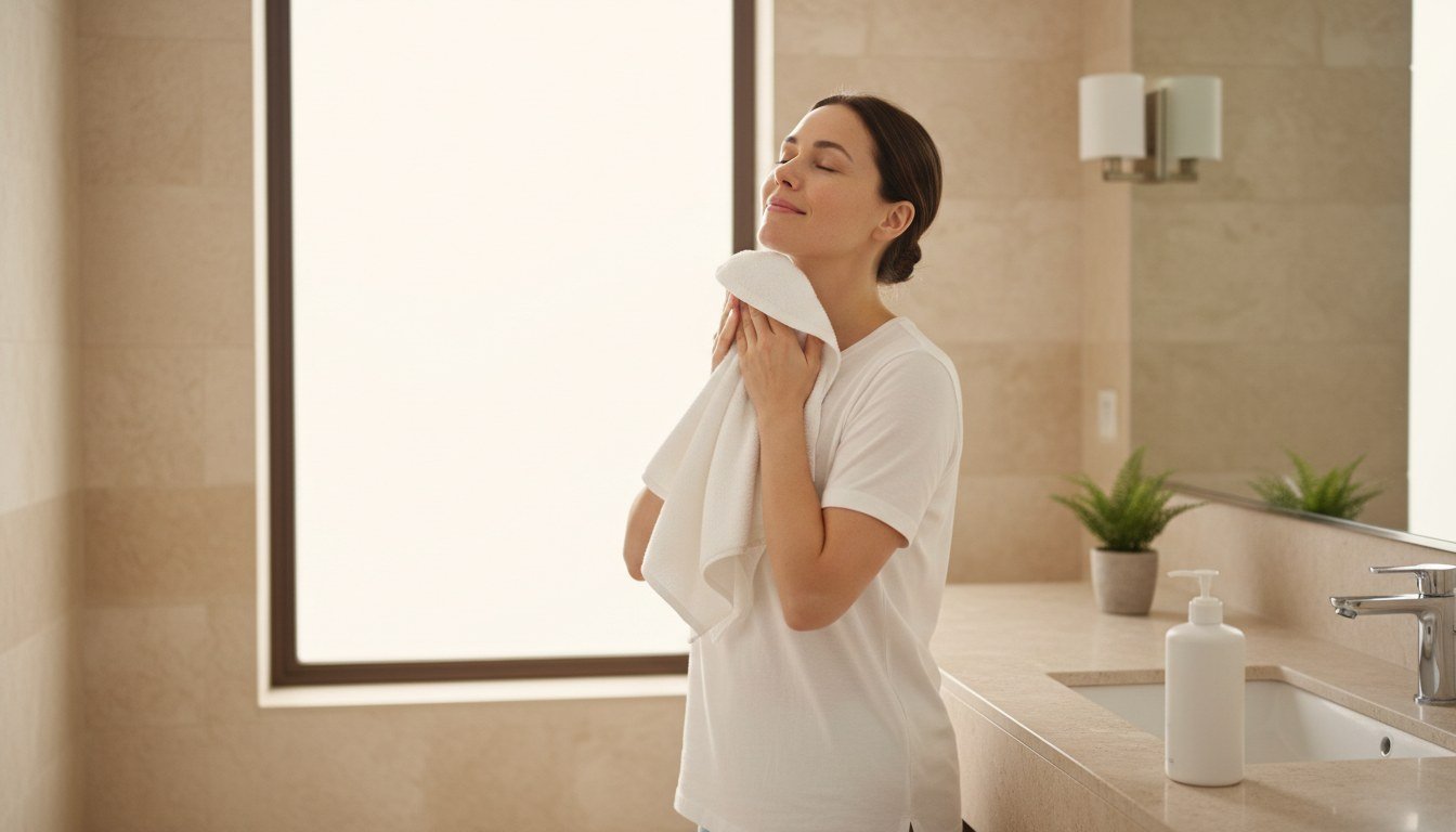 Woman gently patting her face dry after a simple facial cleansing routine