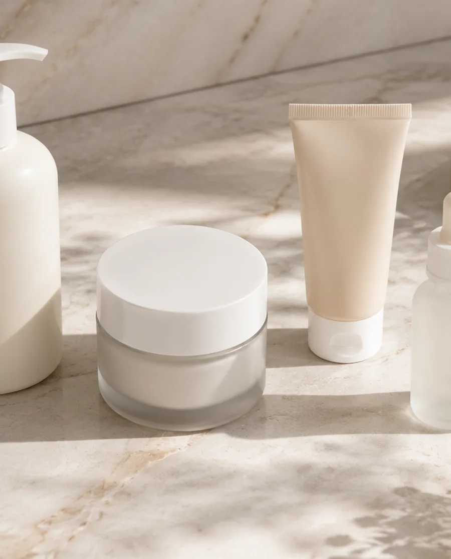 Flat lay of essential skincare products for an acne-prone skin routine