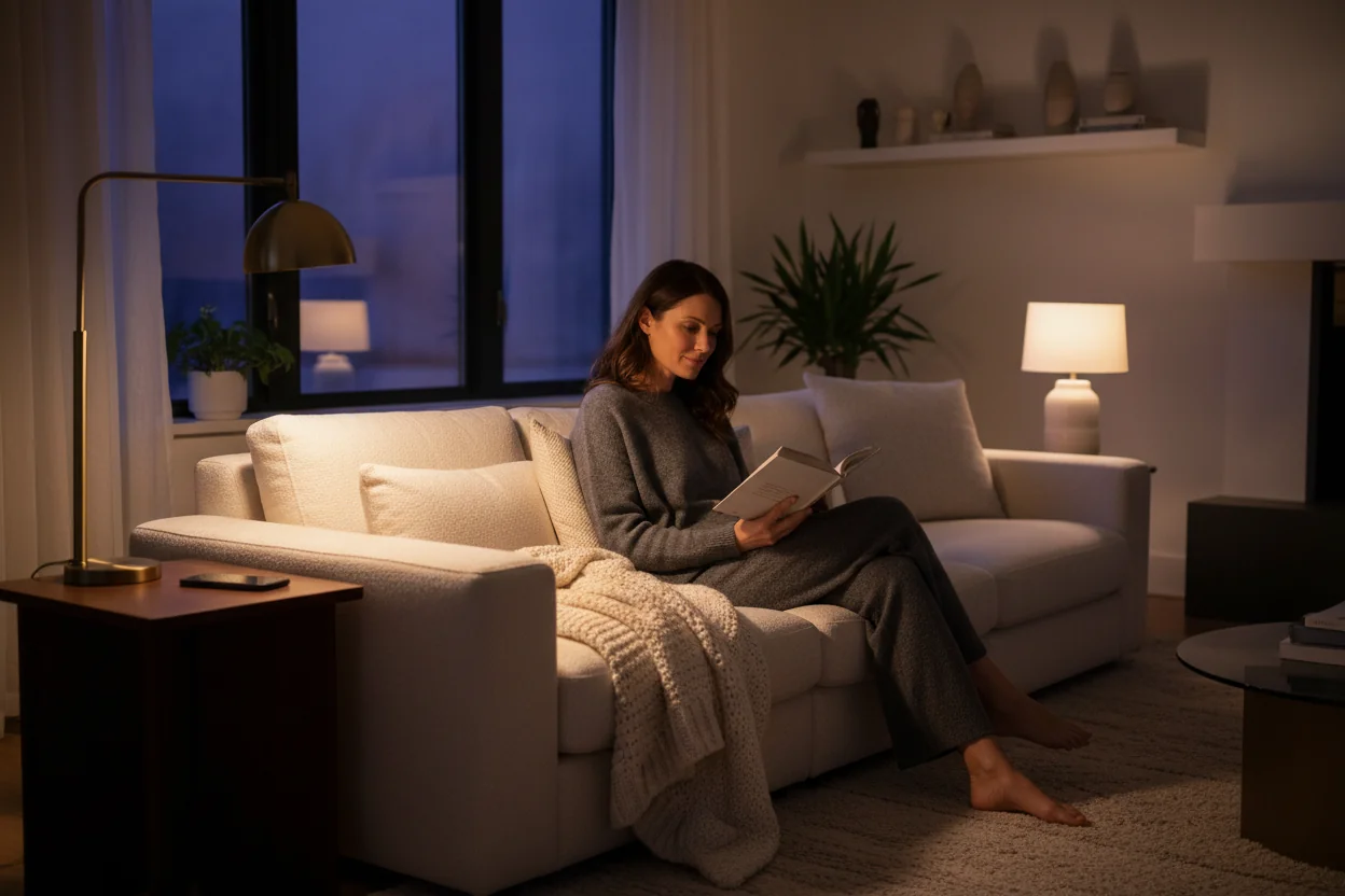 Adult reading a book on the couch during an evening wind-down routine