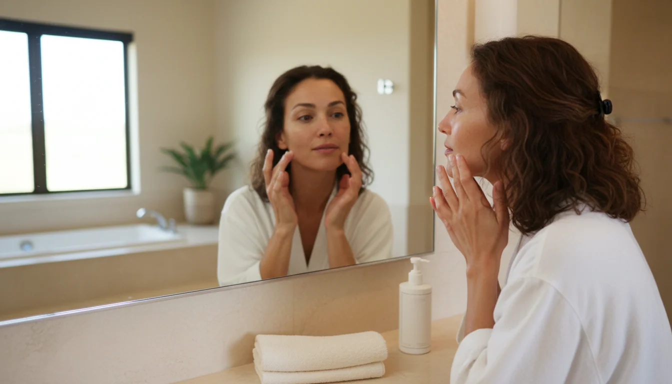 Woman observing her bare skin at home after gentle cleansing
