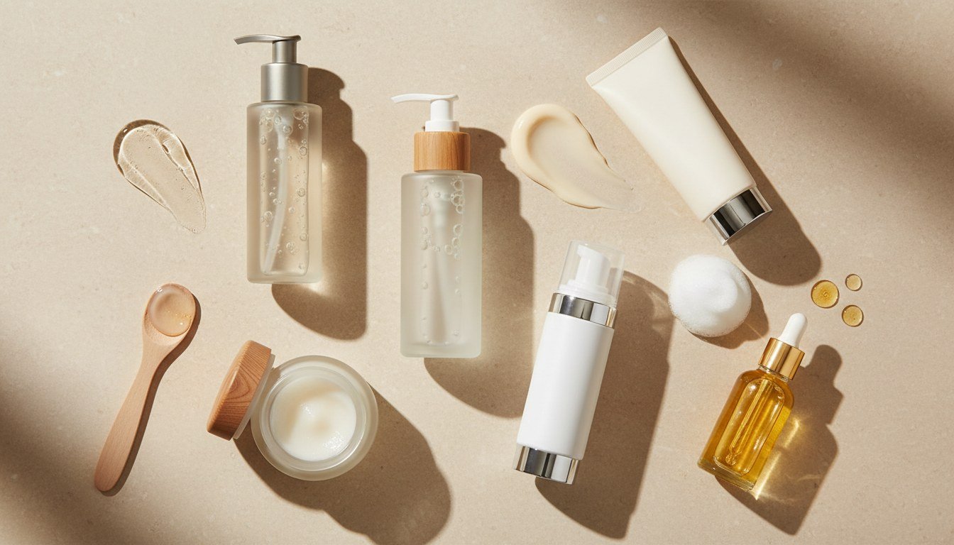 Different facial cleanser formats including gel foam cream balm oil and micellar water