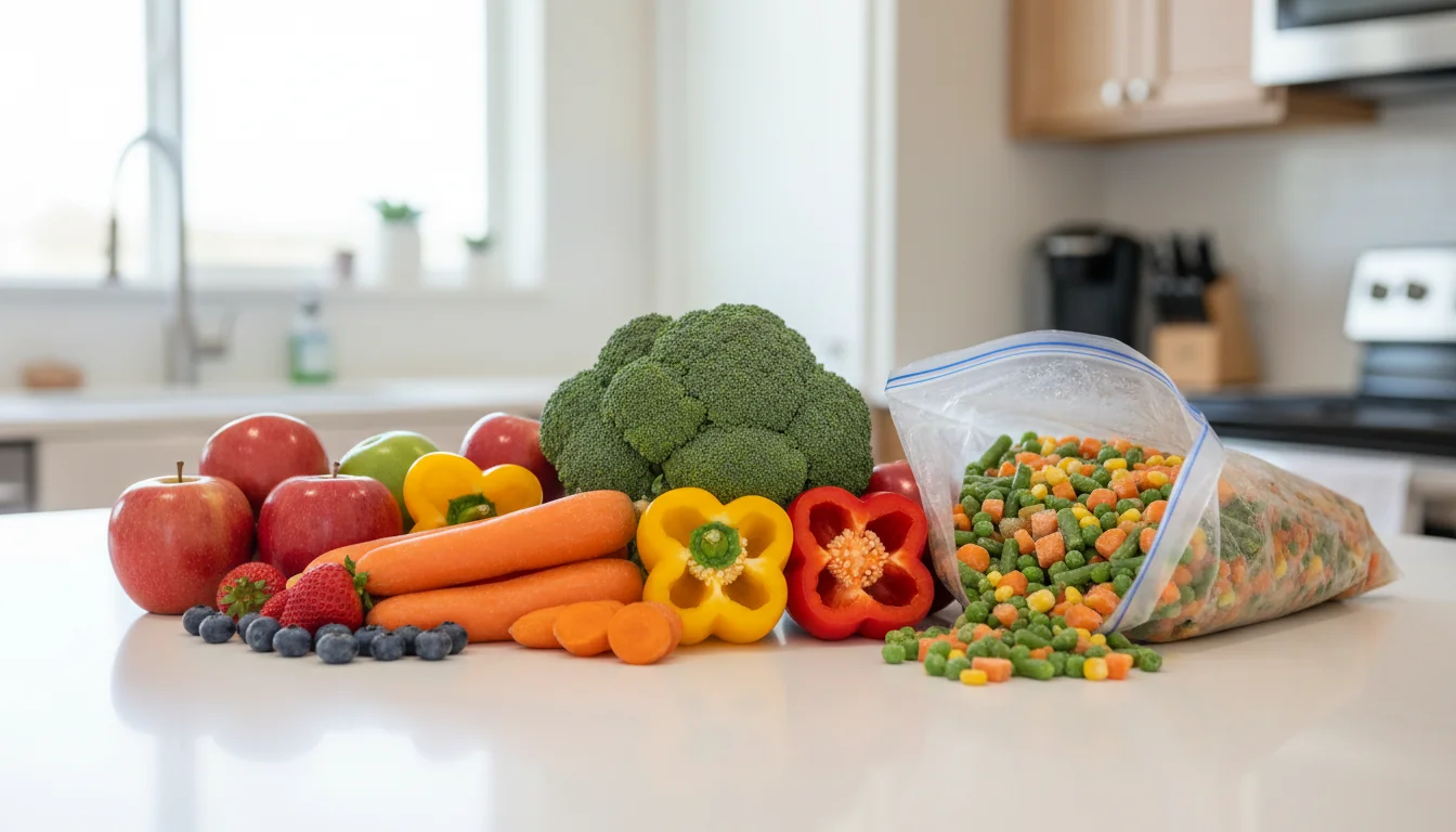 Fresh and frozen fruits and vegetables including carrots, broccoli, apples, and berries