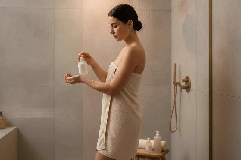 Woman wrapped in a towel dispensing body wash into her hand in a modern shower