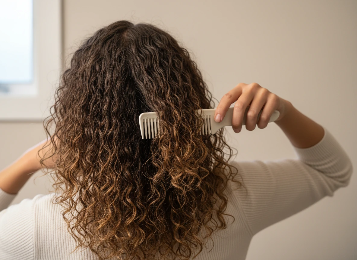 wide-tooth comb gently detangling dry, textured hair from the ends