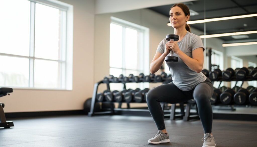 Woman performing a goblet squat with a dumbbell as part of a beginner strength training routine