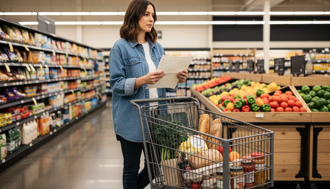 Adult grocery shopping with a written list in a supermarket produce aisle