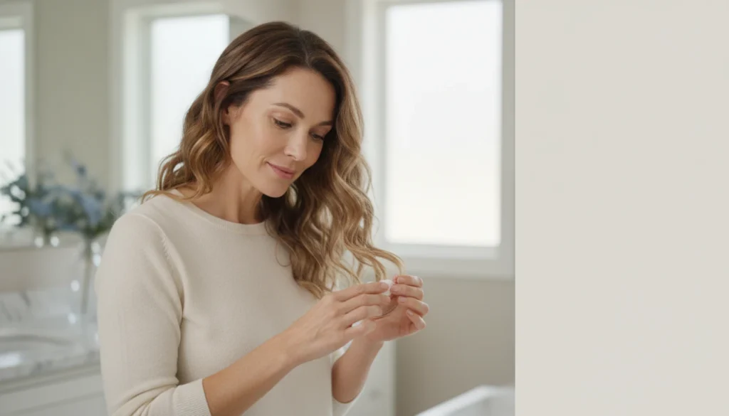 woman with soft, healthy-looking wavy hair applying a moisturizing hair product to her fingertips