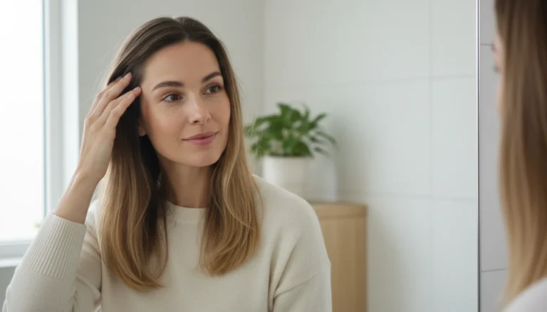 woman with healthy hair checking her hairline in a bright bathroom mirror