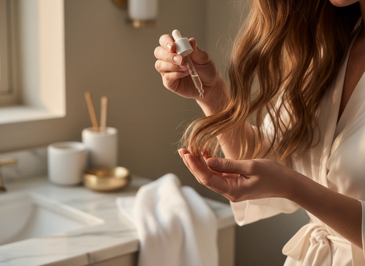 hands applying hair oil with a dropper to the ends of dry hair