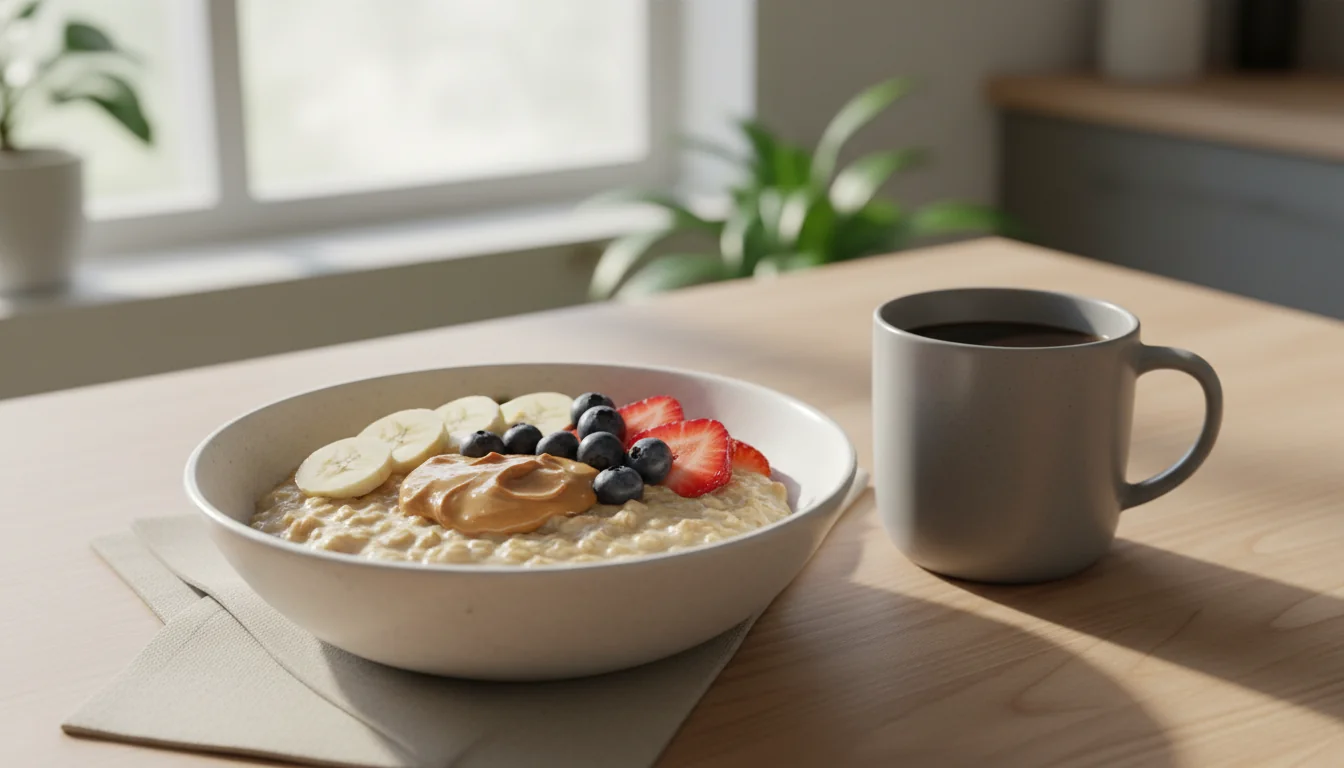Bowl of oatmeal topped with banana slices, berries, and peanut butter for a healthy breakfast