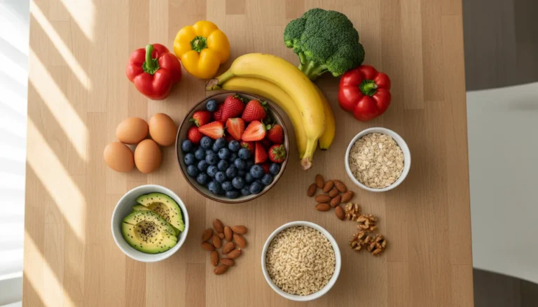 Variety of everyday healthy foods including fruits, vegetables, eggs, oats, and nuts on a table