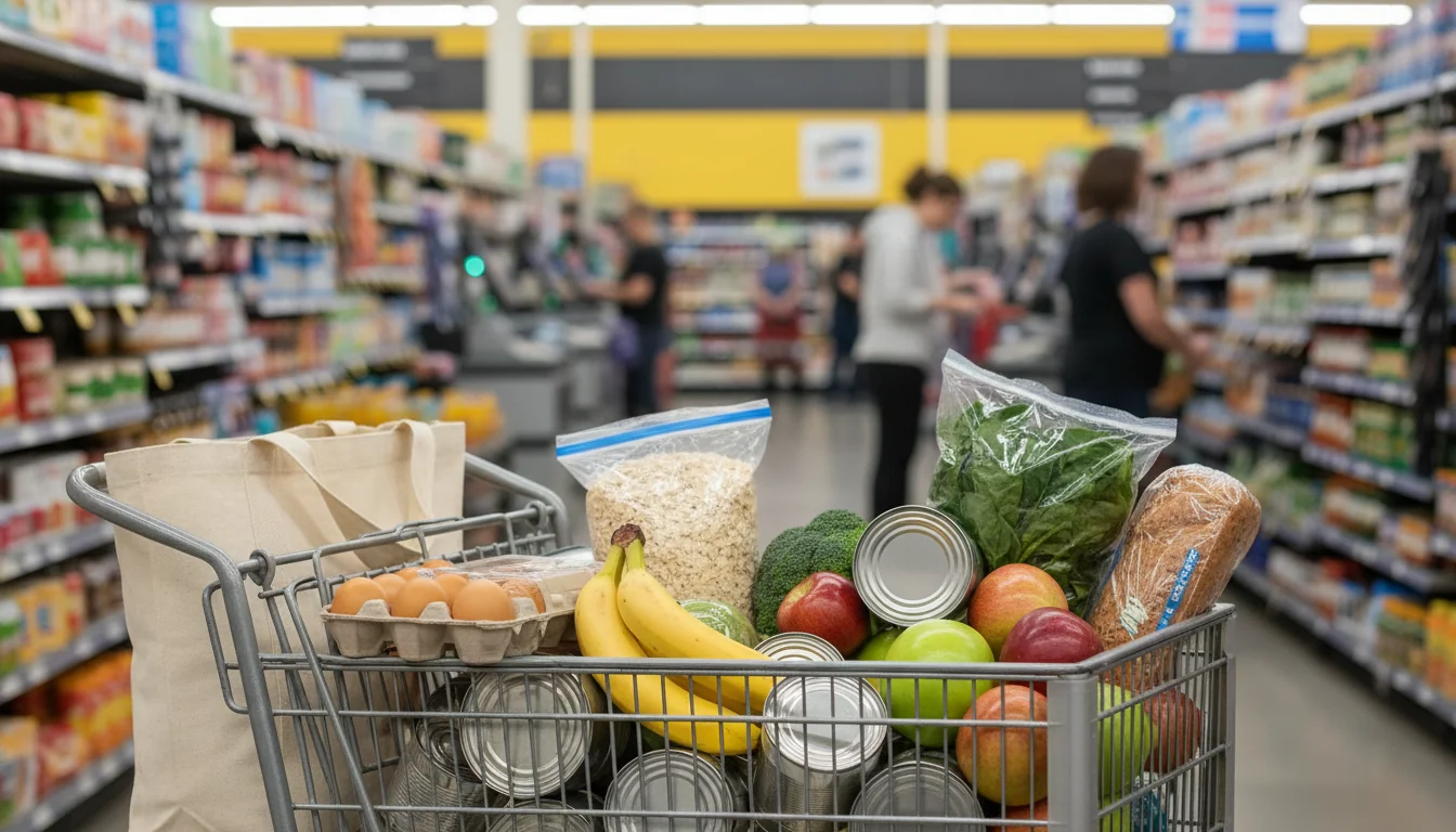 Grocery bag filled with healthy staples including eggs, oats, bananas, spinach, and bread