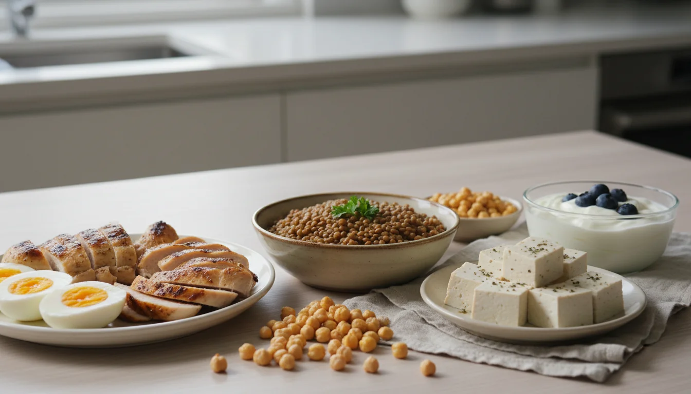 Variety of healthy protein sources including eggs, chicken, lentils, tofu, and Greek yogurt